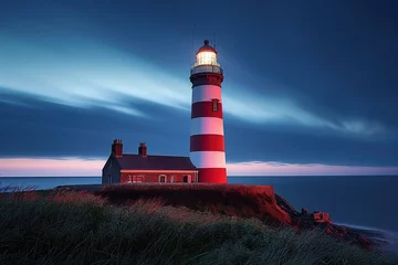 Foto op Canvas A striking red and white lighthouse stands proudly on top of a cliff, overlooking the surrounding landscape. © Joaquin Corbalan
