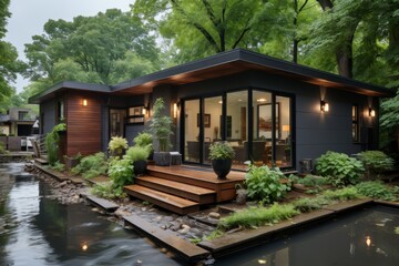 Naklejka premium Elegant modern house with swimming pool and outdoor dining area.