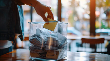 A male voter puts a ballot into the transparent voting box. Hand with the bulletin. Democratic transparent elections concept, control of legality and legitimacy - obrazy, fototapety, plakaty