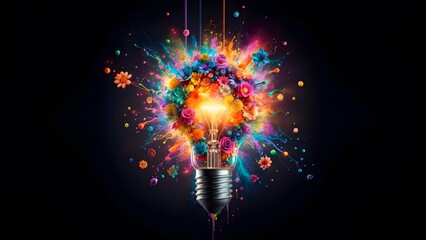 Creative light bulb inside explodes with multicolored light, paints