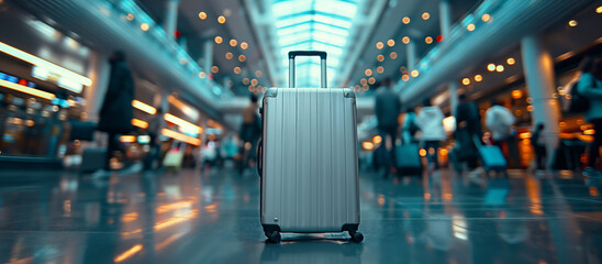 Gray suitcase on wheels stands in the middle of the airport terminal or train station, against the...