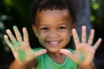A smiling African boy shows off his hands stained with green baby slime. Playing with slime