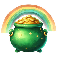 St Patricks Day pot of gold coins with rainbow, watercolor, celebration, isolated on transparent background