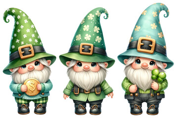 Cute three happy gnomes St Patricks Day leprechaun, watercolor, celebration, isolated on transparent background