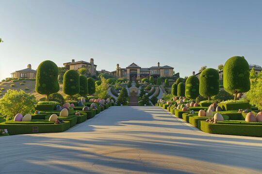 A grand hilltop mansion with a driveway lined with Easter-themed topiary art. The photo is taken under a clear sky at midday, showcasing the mansion's elegance and pristine surroundings