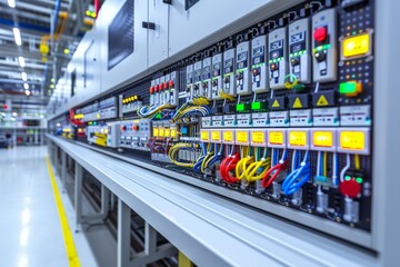 Industrial electrical control panel with indicator lights and switches
