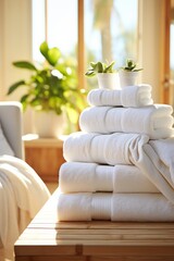 A stack of white towels on a wooden table near a bright window
