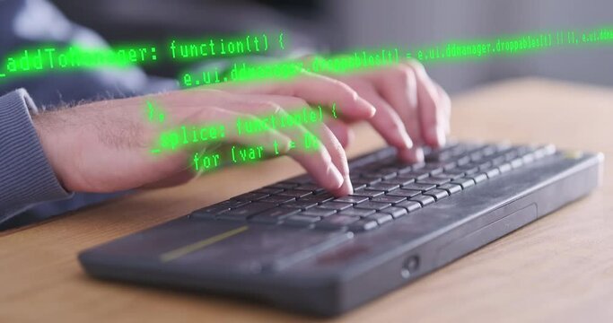 Programer's hands busy working on latest innovative sophisticated technology, typing code on keyboard with augmented reality holograms. Concept of a highly paid intellectual job.