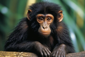 A portrait of a young chimpanzee with dark fur and brown eyes