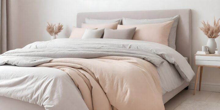 Close-up of a bedroom with a large bed and pillows on it. Bed linen with pillows on a large bed is beige.