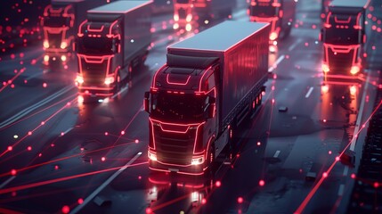 cinematic dark logistics network with multiple european red trucks with neon connecting dots and lines. Vector tech polygonal technology background with red bus transport service. - obrazy, fototapety, plakaty