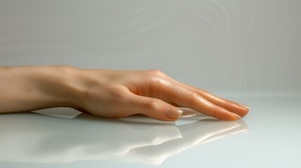 A hand with long, elegant fingers resting on a glass surface
