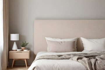 A bedroom with a bedside table and lamp close-up. A cozy interior of a private house or a modern apartment in beige colors.