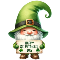 Cute happy gnome St Patricks Day leprechaun holding wooden sign with text, watercolor, celebration, isolated on transparent background