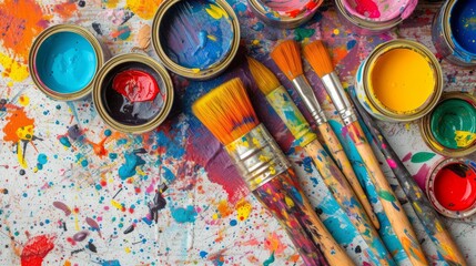 A variety of paint cans and paintbrushes are arranged on a table covered in paint.