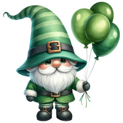 Cute happy gnome St Patricks Day leprechaun holding balloons, watercolor, celebration, isolated on transparent background