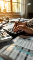 Accountant working on company finance report using calculator
