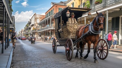 A horse-drawn carriage rides down a cobblestone street in the French Quarter of New Orleans