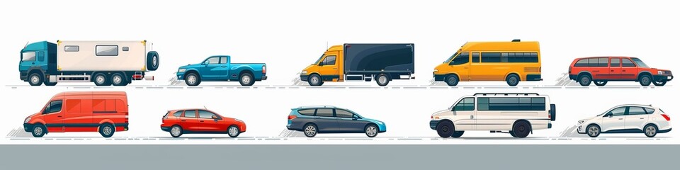 Modern cars, sedans, family cars, SUVs, trucks, vans, motorcycle scooters, and small passenger cars are examples of semi-trucks. Vector object icons illustration on white background. 