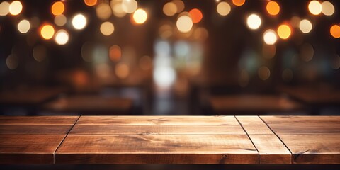 Cafe bokeh, wooden table, blurry background.
