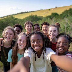 A group of diverse teenagers are smiling and laughing while taking a selfie in a field.