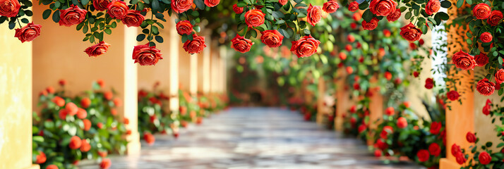A picturesque path through a blooming garden, where the beauty of summer flowers invites a leisurely stroll in the warmth of the day - obrazy, fototapety, plakaty