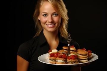 Portrait of a smiling young woman holding a plate of mini sandwiches
