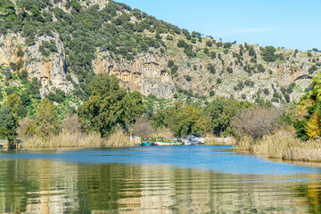 Fototapeta na wymiar Scenic views from Kaunos and Dalyan, a city of ancient Caria, west of the modern town of Dalyan and The Calbys river ( Dalyan river) which was the border between Caria and Lycia in Muğla, Turkey