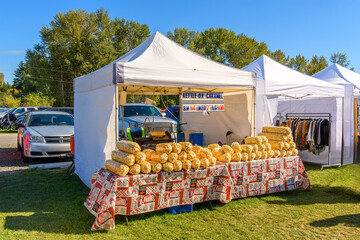 A popcorn and caramel popcorn tent and kiosk at an Autumn harvest festival in the rural countryside near Spokane, Washington, USA. - obrazy, fototapety, plakaty