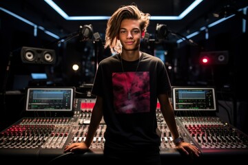 Portrait of a young male audio engineer in a recording studio - obrazy, fototapety, plakaty