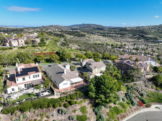 Aerial view of large-scale villa in wealthy residential town of Carlsbad, South California, USA....