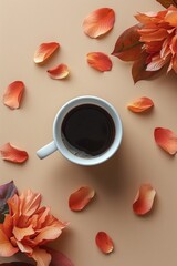 A cup of coffee with orange flower petals