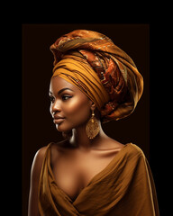 Illustration, profile of an African beauty model with a colorful turban, with natural makeup on her face and perfect skin, in a fashionable portrait style, natural brown colors, and an unu background.