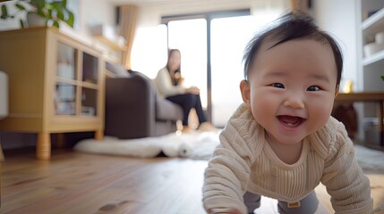 Asian baby smiles beamingly while crawling on the floor while a mother watches from behind while sitting on the sofa