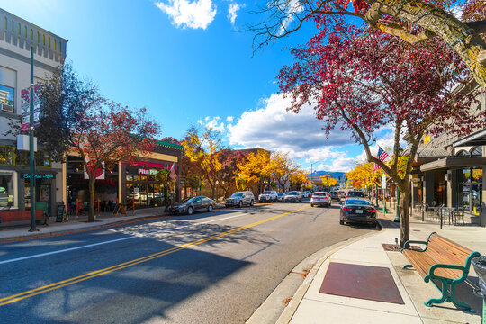 General view of the historic turn of the century Sherman Avenue, the main street through the downtown lakefront city of Coeur d'Alene, Idaho, USA, on October 11 2023.