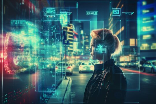 Young woman being scanned by biometric technology with digital hologram and binary code