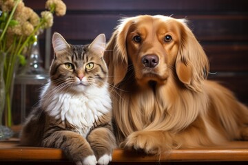 A ginger cat and a golden retriever dog sitting on a wooden table - Powered by Adobe