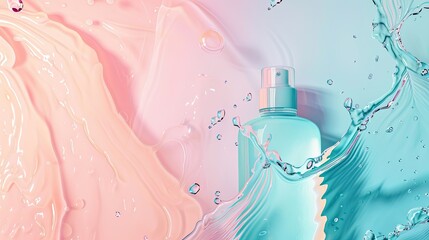 A bottle of moisturizer with water waves on a light pastel background - obrazy, fototapety, plakaty