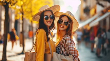 Two cheerful female friends holding shopping bags on sunny spring day. Women making shopping during spring sales season - obrazy, fototapety, plakaty