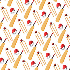 Sport pattern. Cricket retro background. Seamless pattern of cricketer accessories. Bat, ball, wicket, symbols. Pattern for design, web, backdrop, tee design, t shirt etc. Vector eps