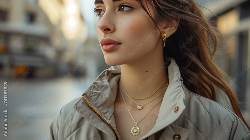 Wall mural Woman in a light jacket, gold jewelry with a diamond on the girl's neck  - Wall murals