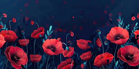 Peaceful red poppy flower field for anzac and memorial day banner with copy space on dark background