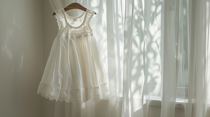 An elegant white dress for a baby's christening, hung on a wooden hanger exposed to sunlight shining through the glass window of the room