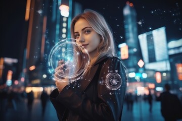 A fantastic girl in a modern metropolis with a holographic animation image and a scanner icon.