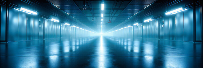 A modern, empty space illuminated by soft, blue light, where the simplicity of design creates a backdrop for imagination and possibility