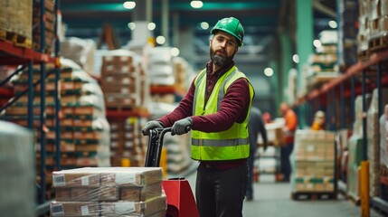A warehouse worker operates a forklift in a warehouse.