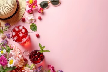Refreshing summer drinks with berries and flowers