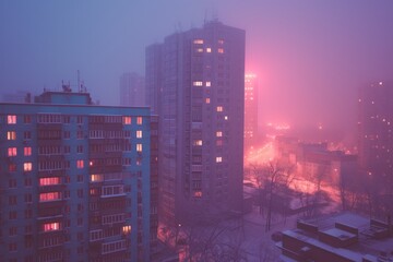 Fototapeta na wymiar City lights at night in the fog