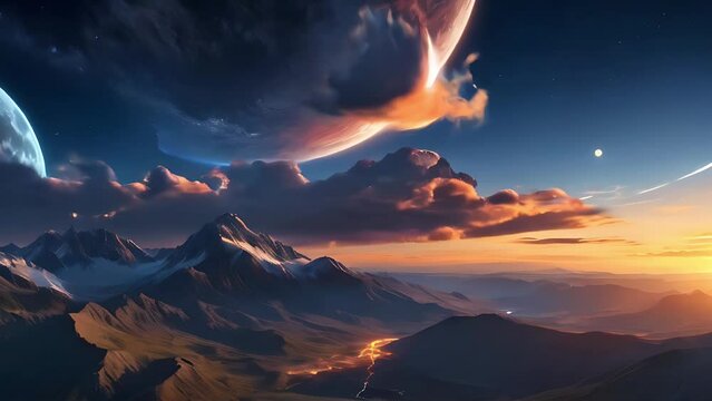 Dramatic Fantasy landscape time-lapse of the full moon in a starry sky above moving clouds at the site, Seamless moon loop  with mountains background