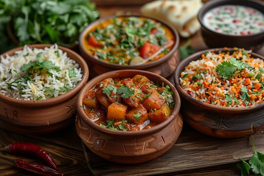 Multitud de comida india para restaurante, culturas tradicionales. Take away. Fotograf&iacute;a de comida.